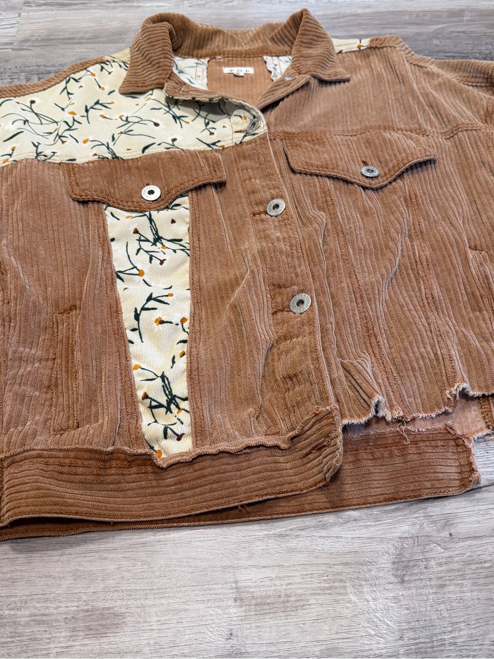POL Oversized Corduroy Distressed Patchwork Floral Shacket Boho Raw Edge Jacket - Picture 6 of 12
